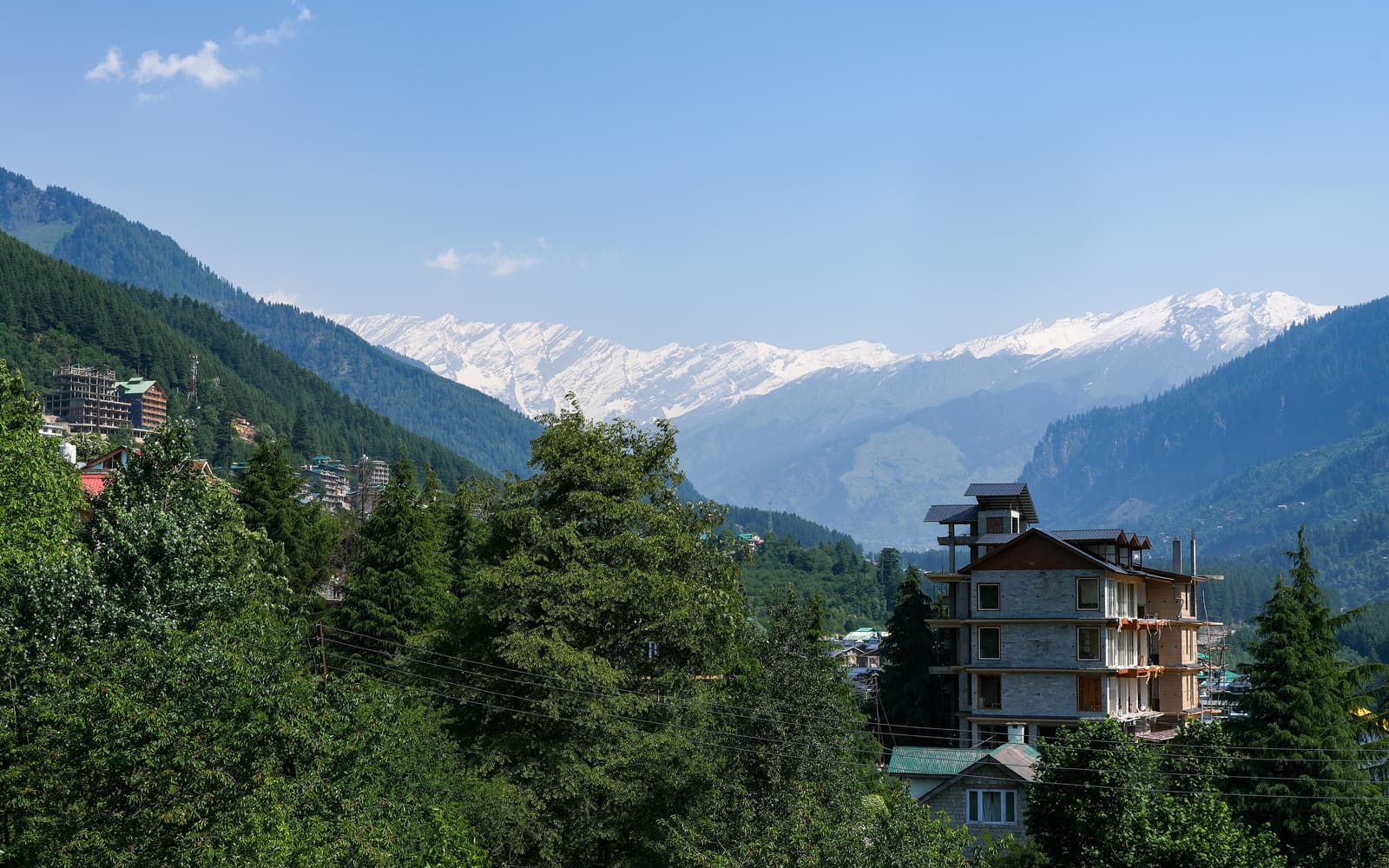 The Kullu valley and snow peaks of the Rohtang range above Manali