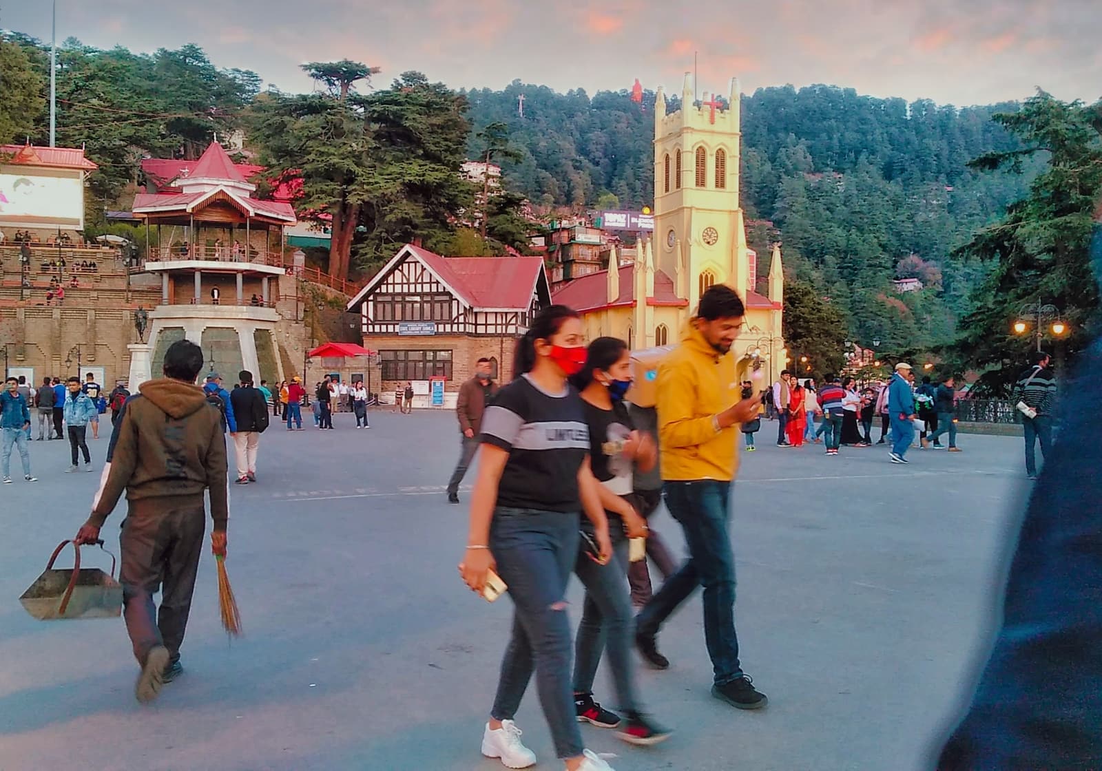 The Ridge in Shimla with Christ Church and Tudor-style buildings at sunset