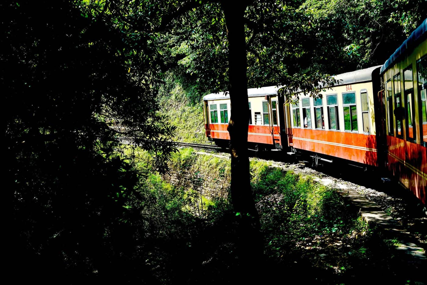 The narrow-gauge Kalka–Shimla toy train curving through green forest