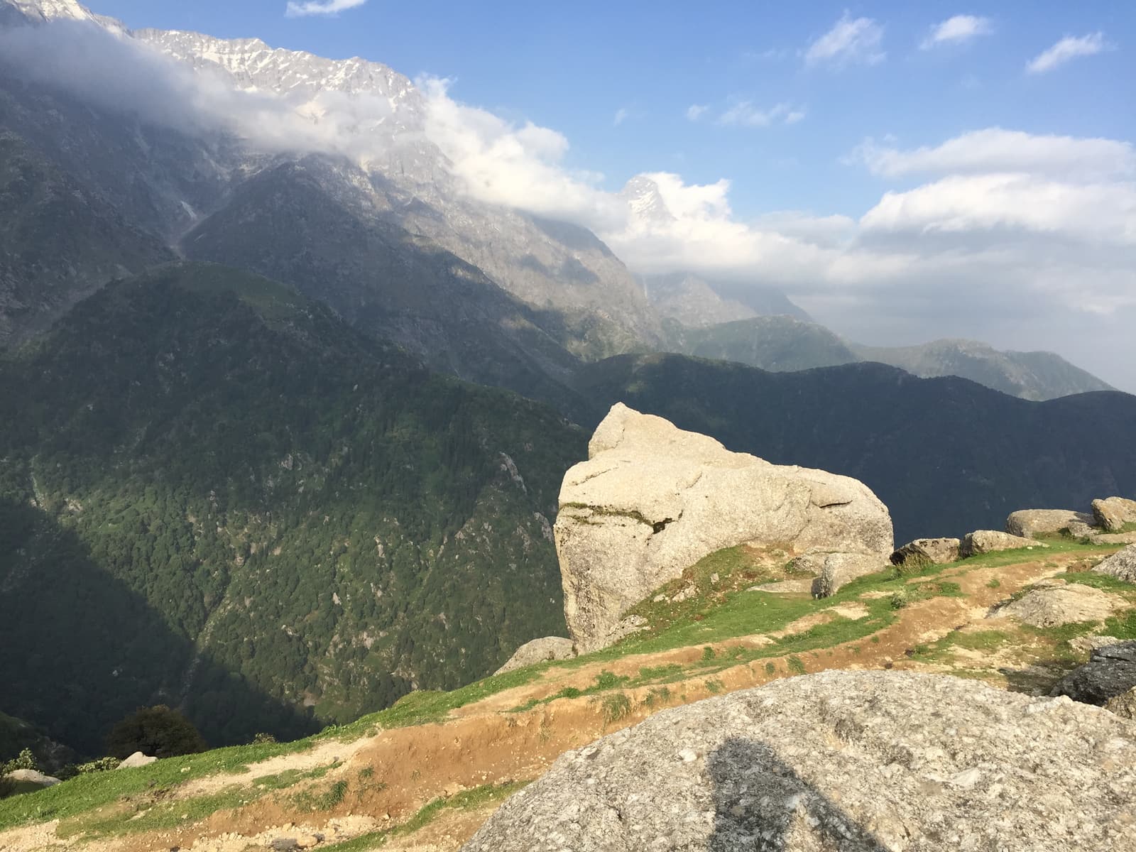 Boulders on the grassy Triund ridge with the Dhauladhar range rising behind