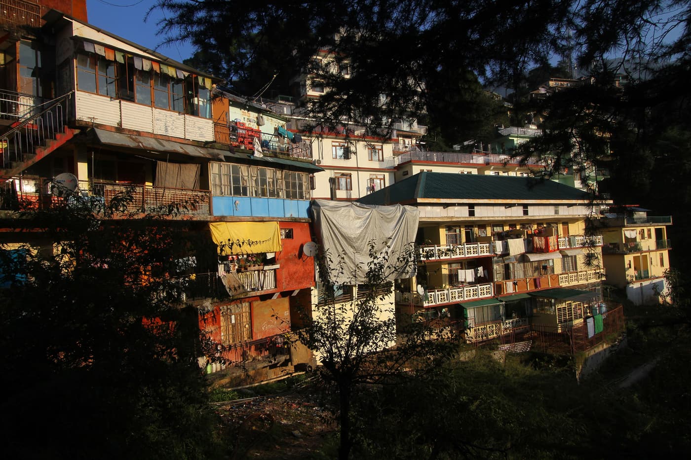 Terraced hillside buildings and cafés of McLeod Ganj in afternoon light